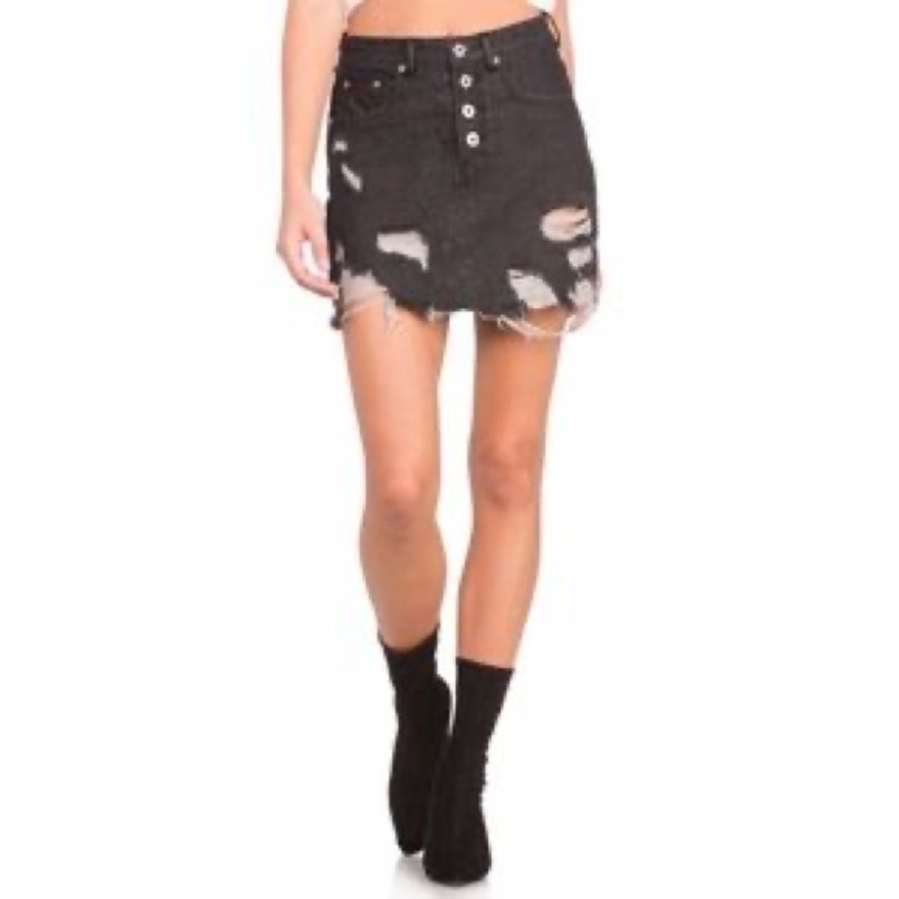 Cute & comfy distressed denim &pleather mini skirt